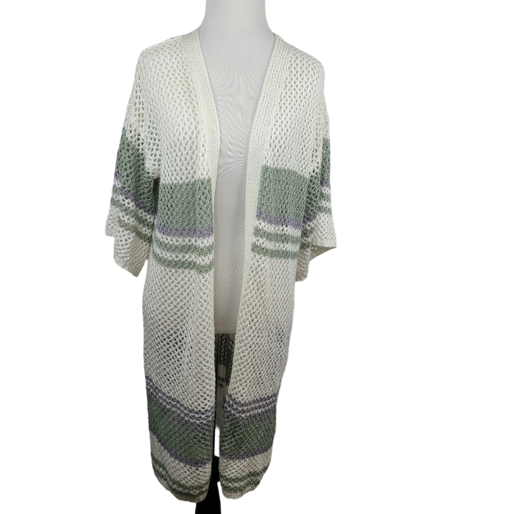 POL cream green purple striped open knit longline short sleeved cardigan small